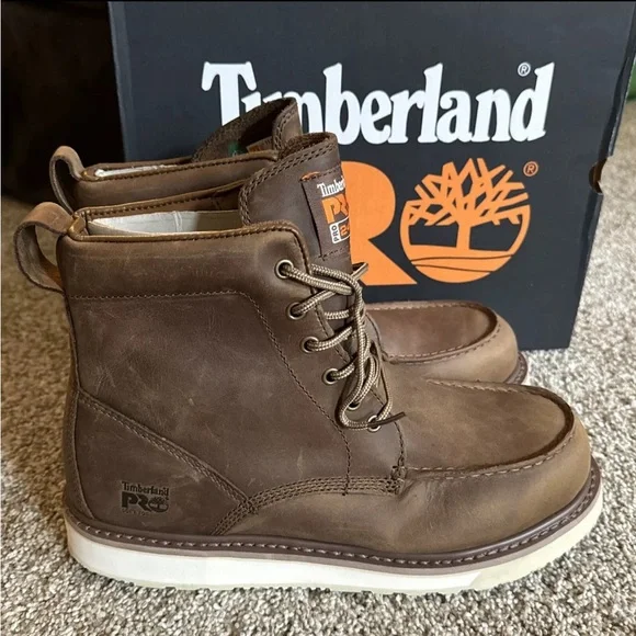 Men's Timberland PRO Wedge 6" Soft Toe Moc-Toe Work Boots Coconut Brown - Picture 2 of 7